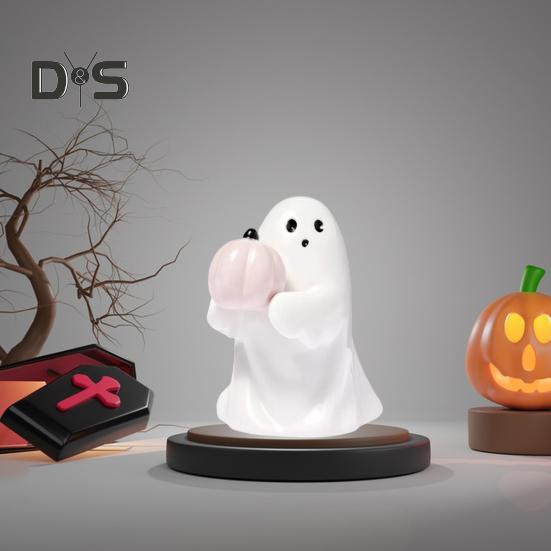 1/2Pcs Halloween Ghost Statue Spooky Resin Ghost Pink Pumpkin Bat Figurine Cute Halloween Home Table Decoration for Indoor Outdoor