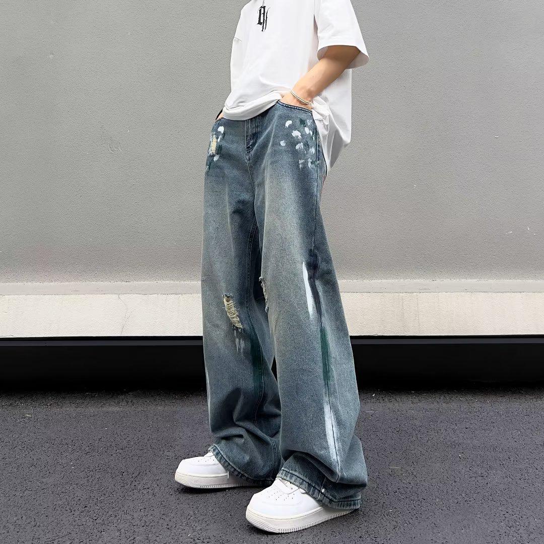 

Мужские выбеленные рваные джинсы широкого кроя в пол - летний дизайн с американским вайбом 2XL синий