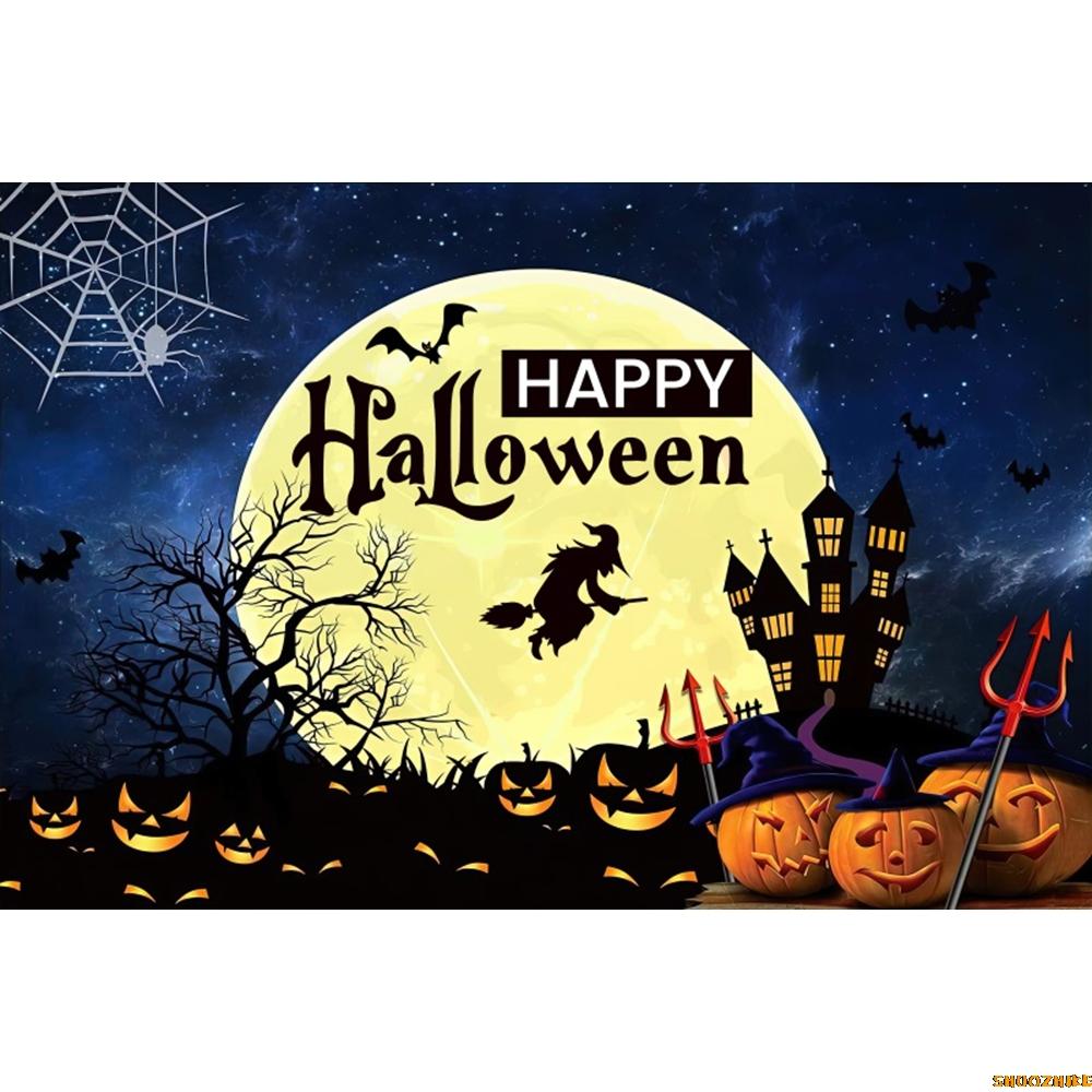 1pc Dark Halloween Party Backdrop Night Moon Witch Castle Pumpkin Bats Dustproof Banner for Halloween Themed Party Decoration