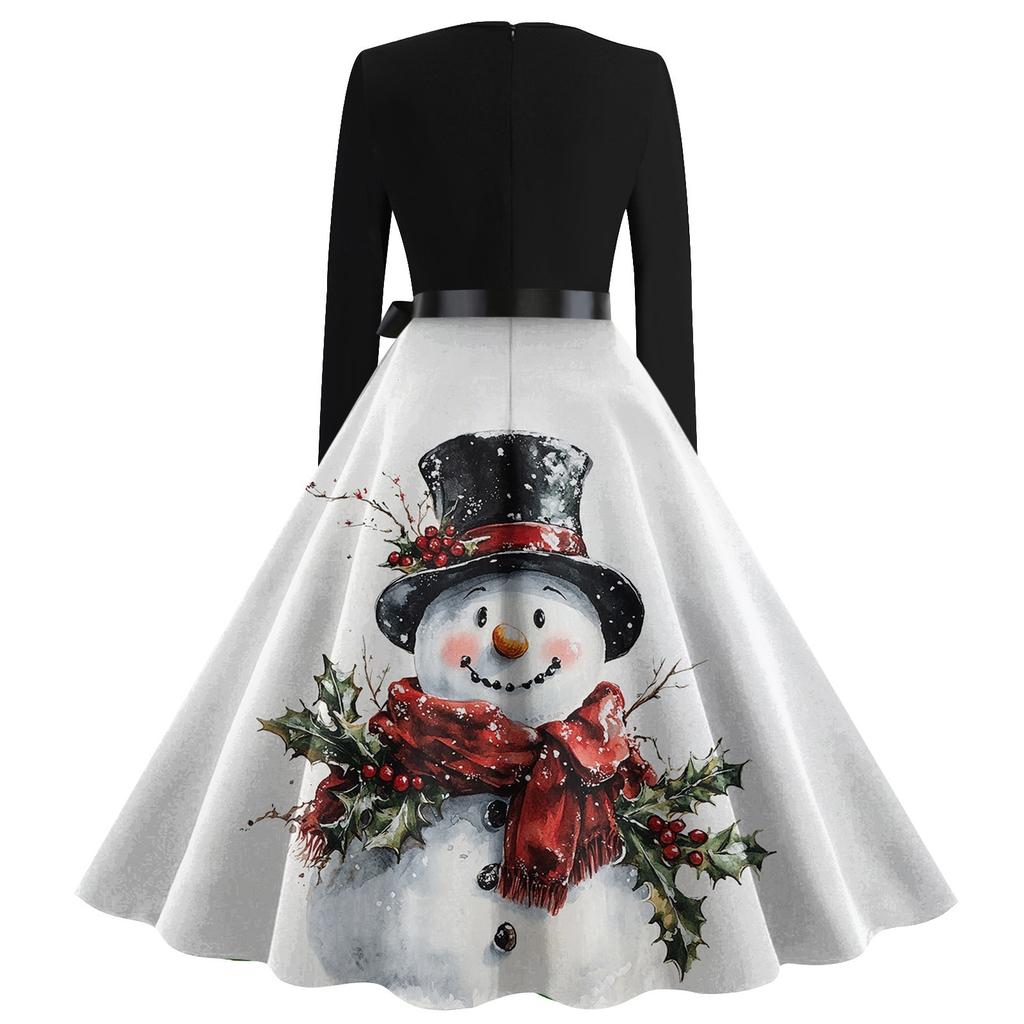 Dámské ležérní módní tištěné retro šaty se čtvercovým výstřihem a dlouhým rukávem