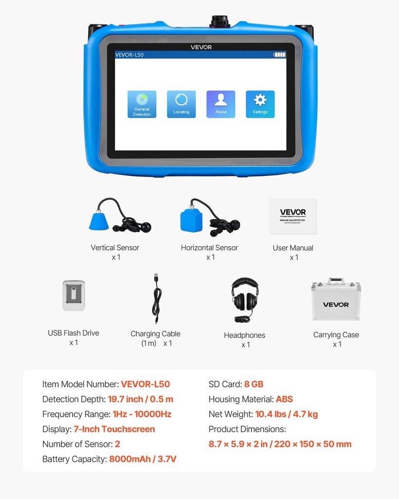 Rohrwasserleckdetektor für Innenräume, 1Hz-10000Hz, LCD-Touchscreen Leckortungsgerät für Sanitärinstallationen mit horizontalen und vertikalen Sensoren,