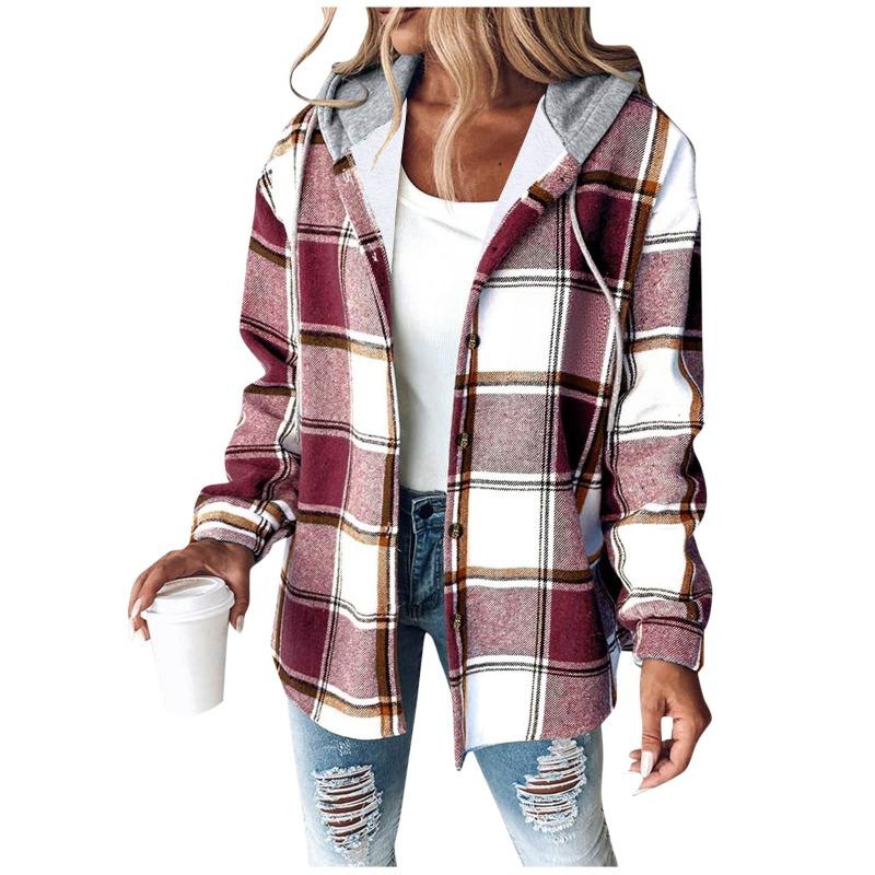 Women S Loose Fit Hooded Long Sleeve Plaid Plush Polyester Coat For Autumn Winter
