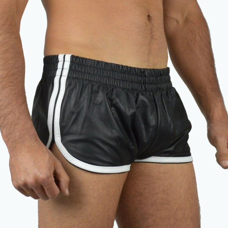 Short Imitation Cuir Sports Line Noir-Blanc - MenSexyWear - Cuir, Latex et Vinyle