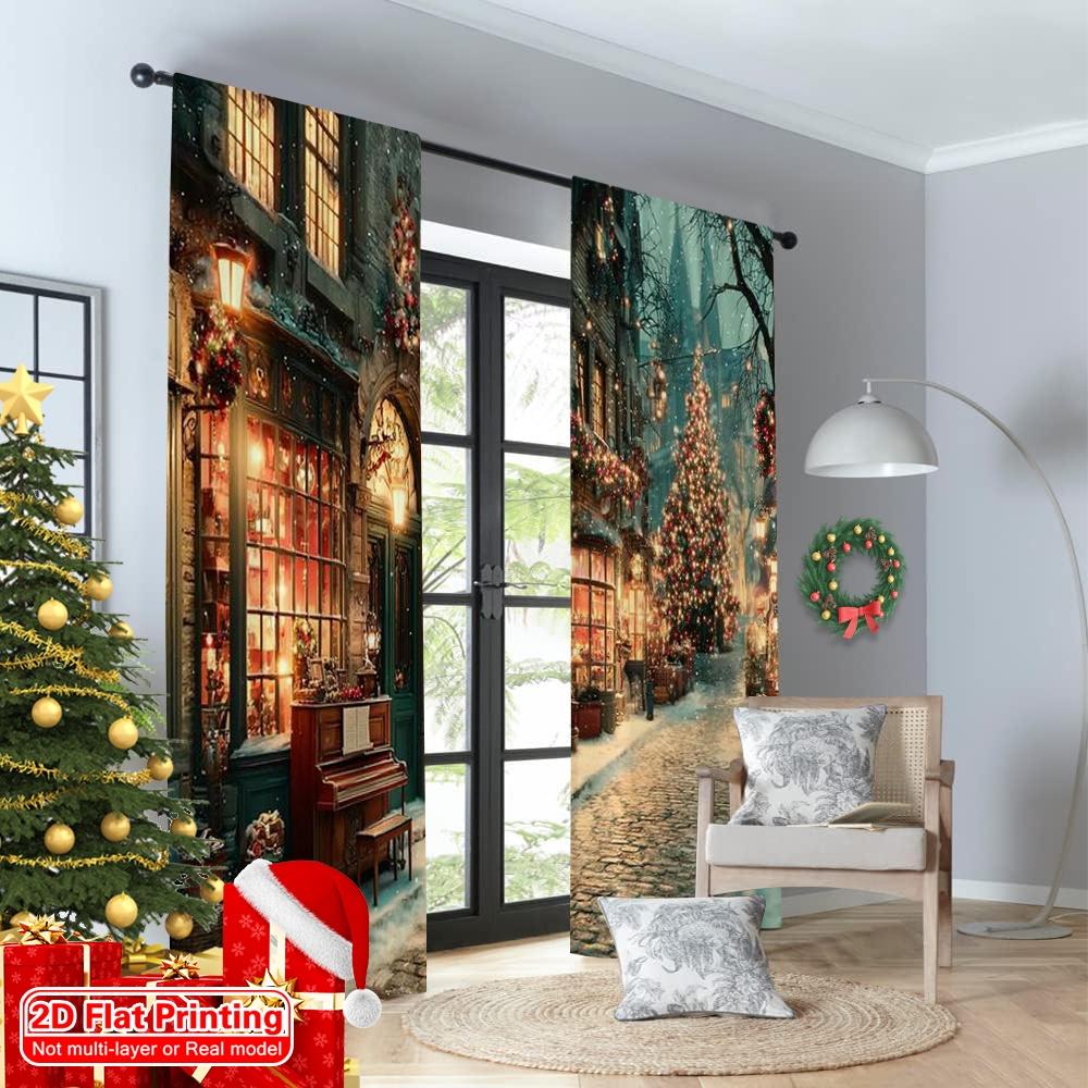 2pcs 2D flat printing Merry Christmas Curtains snowy street scene Durable 100% Polyester Fabric Without Electricity Festive