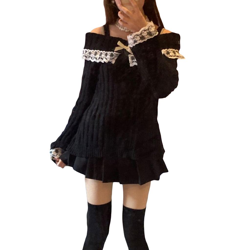 Women Off Shoulder Knit Sweater Pink Pullover Sweet Pullovers Long Sleeve Bow Lace Patchwork Jumpers Y2k Streetwear