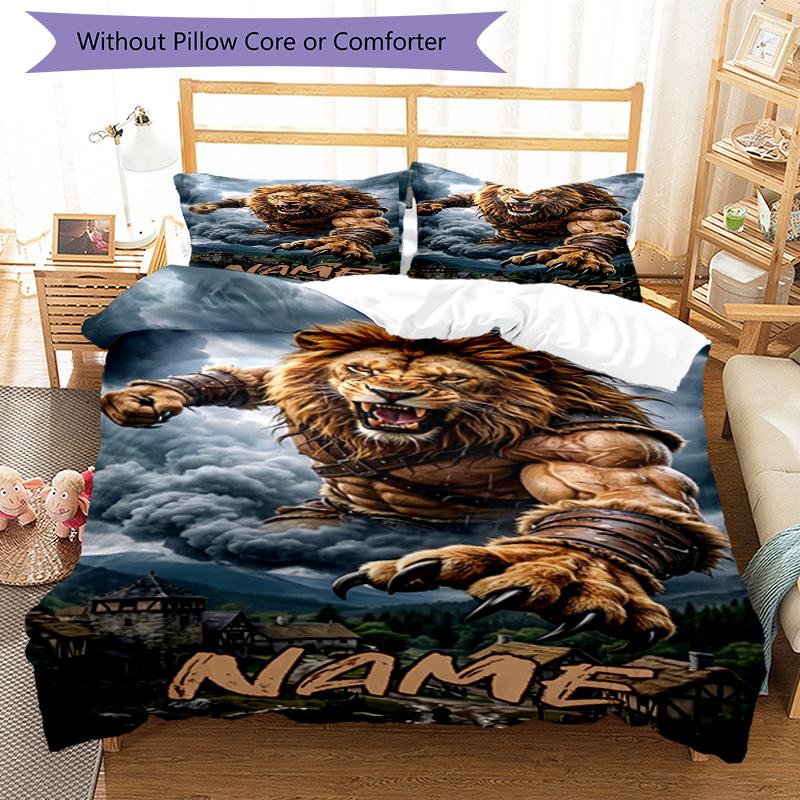 3pcs Custom Name Lion Bedding Set Duvet Cover Closure Includes 1 Duvet Cover & 2 Pillowcases, Soft and Comfortable for All Seasons.