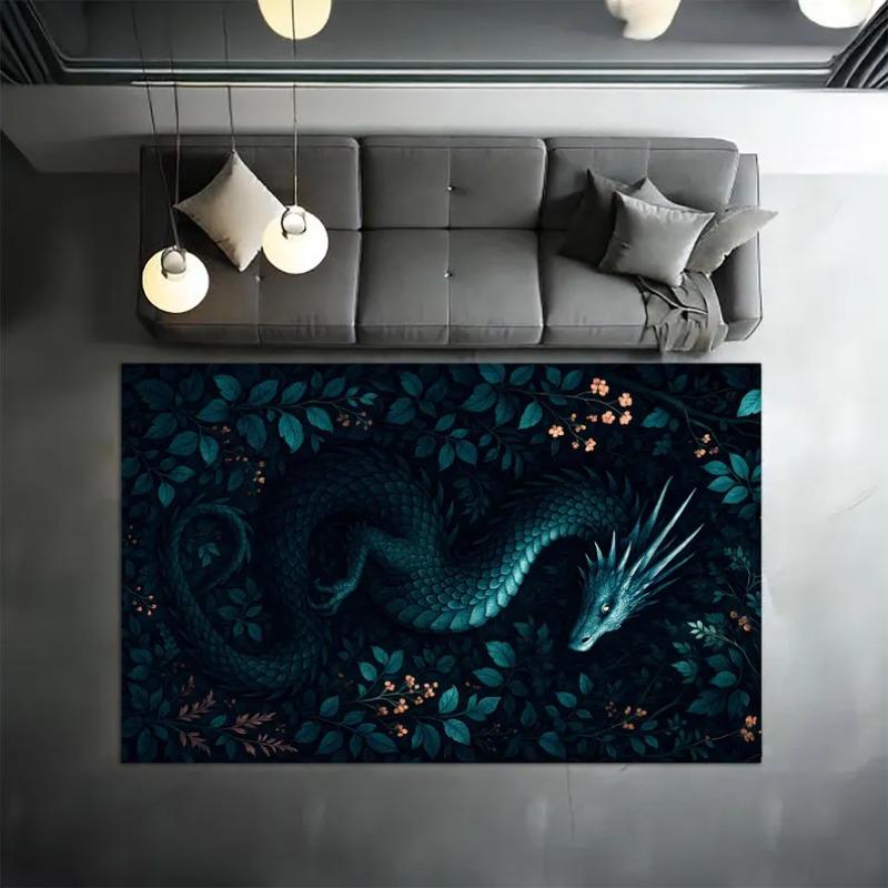 Mystic Dragon Forest Carpet - Deep Blue Green Serpent Rug with Lush Botanical Pattern Non-Slip Floor Mat for Enchanted Decor