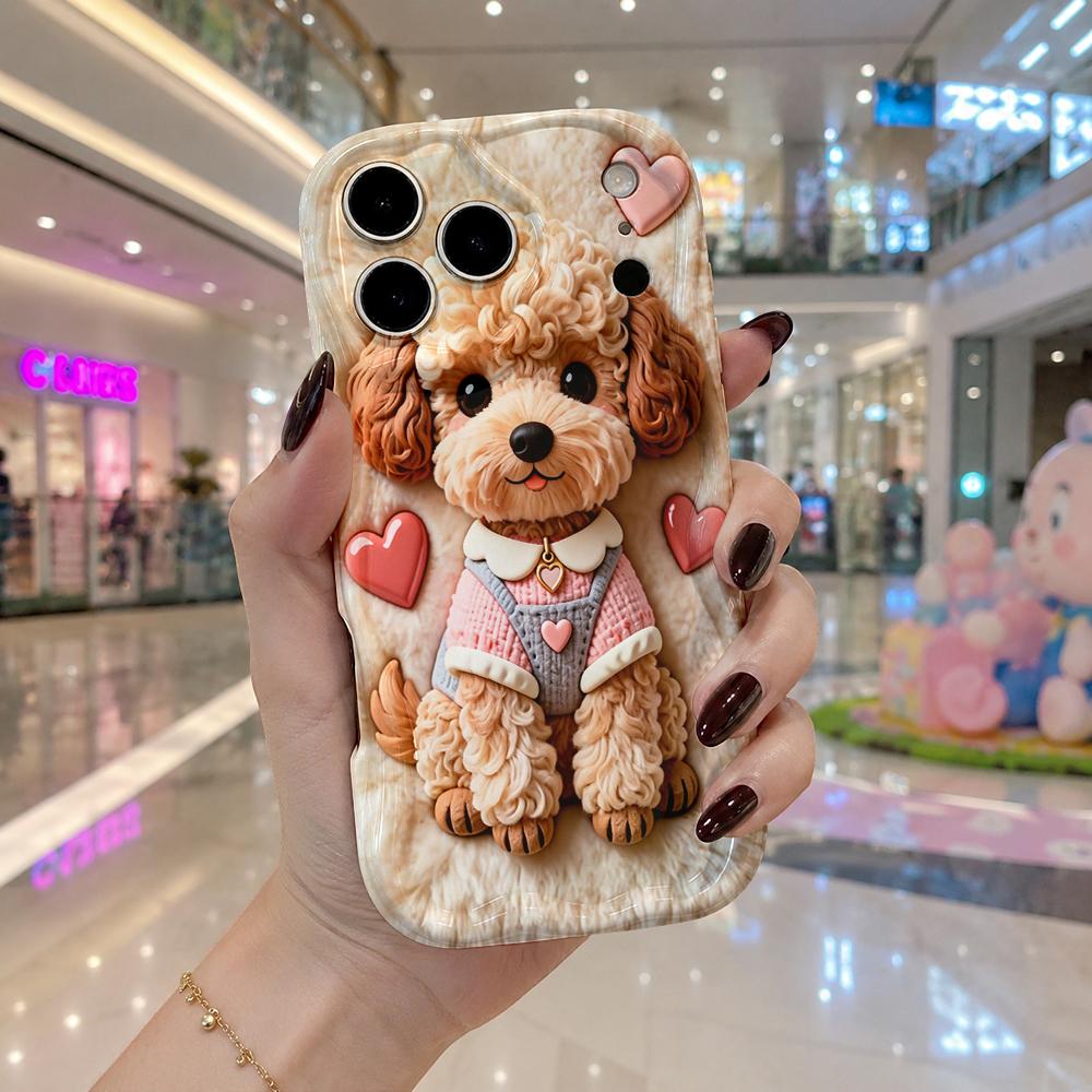 Fluffy Teddy Pink Gloss Heart Phone Case For iPhone 17 16 15 14 13 12 11 Pro Max Plus Wavy Edge Cover