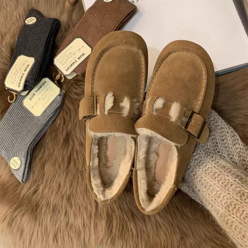 Soft Leather Version~ Birkenstock Shoes Women's Retro 2025 Winter One-pedal Doudou Shoes Women's Flat Bottom Ugly Cute Velvet Warm Cotton Shoes