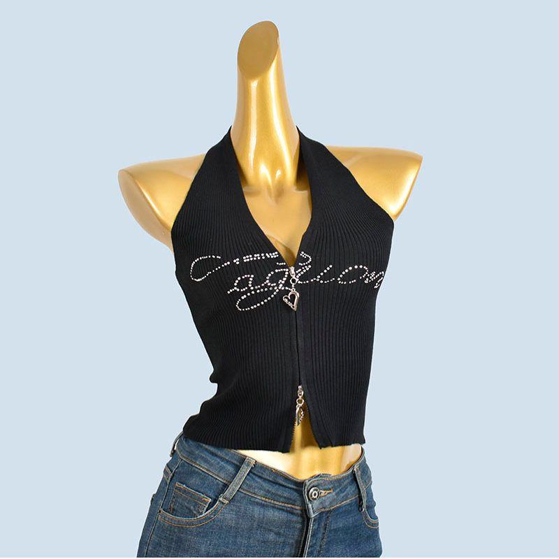 Fashion Sexy Rhinestone Knitted Small Tank Top Vest Women's Summer Inner Wear Halterneck Bandeau Sexy Short Tops Outerwear