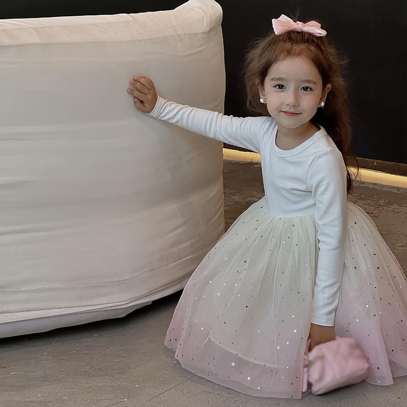 Children's Dress Girls' Long Sleeved Fluffy Dress Splicing Gradient Starry Sky Gauze Dress
