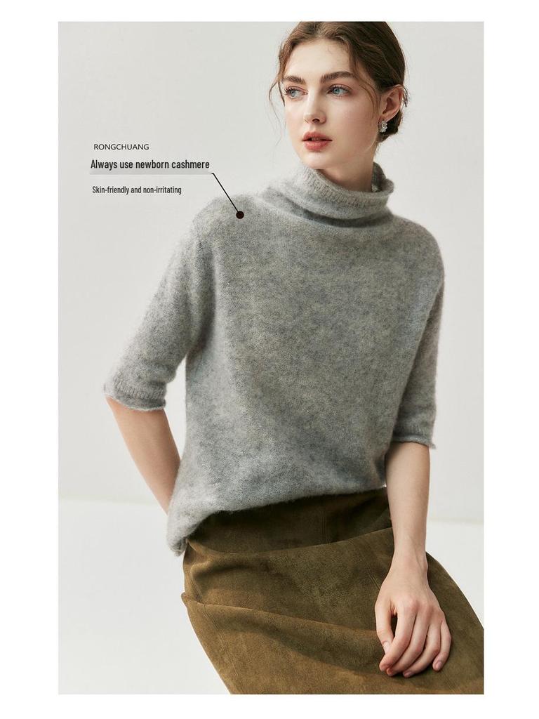 2025 Women's Autumn/Winter Herbalife Cashmere High-Neck Rolled Edge Half-Sleeve Sweater