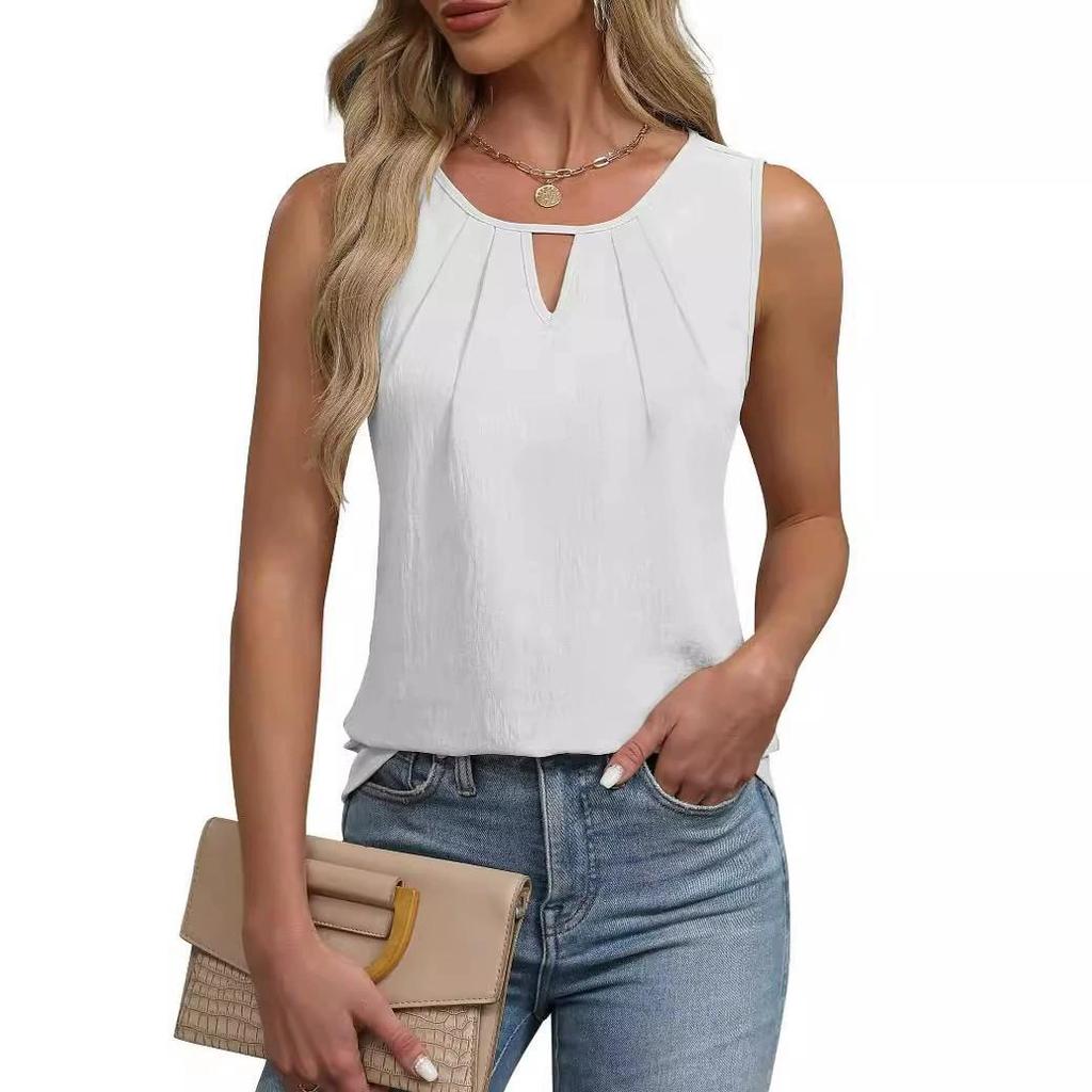 2025 Summer Women's Pleated Solid Color Sleeveless Hollow Out T-shirt Vest