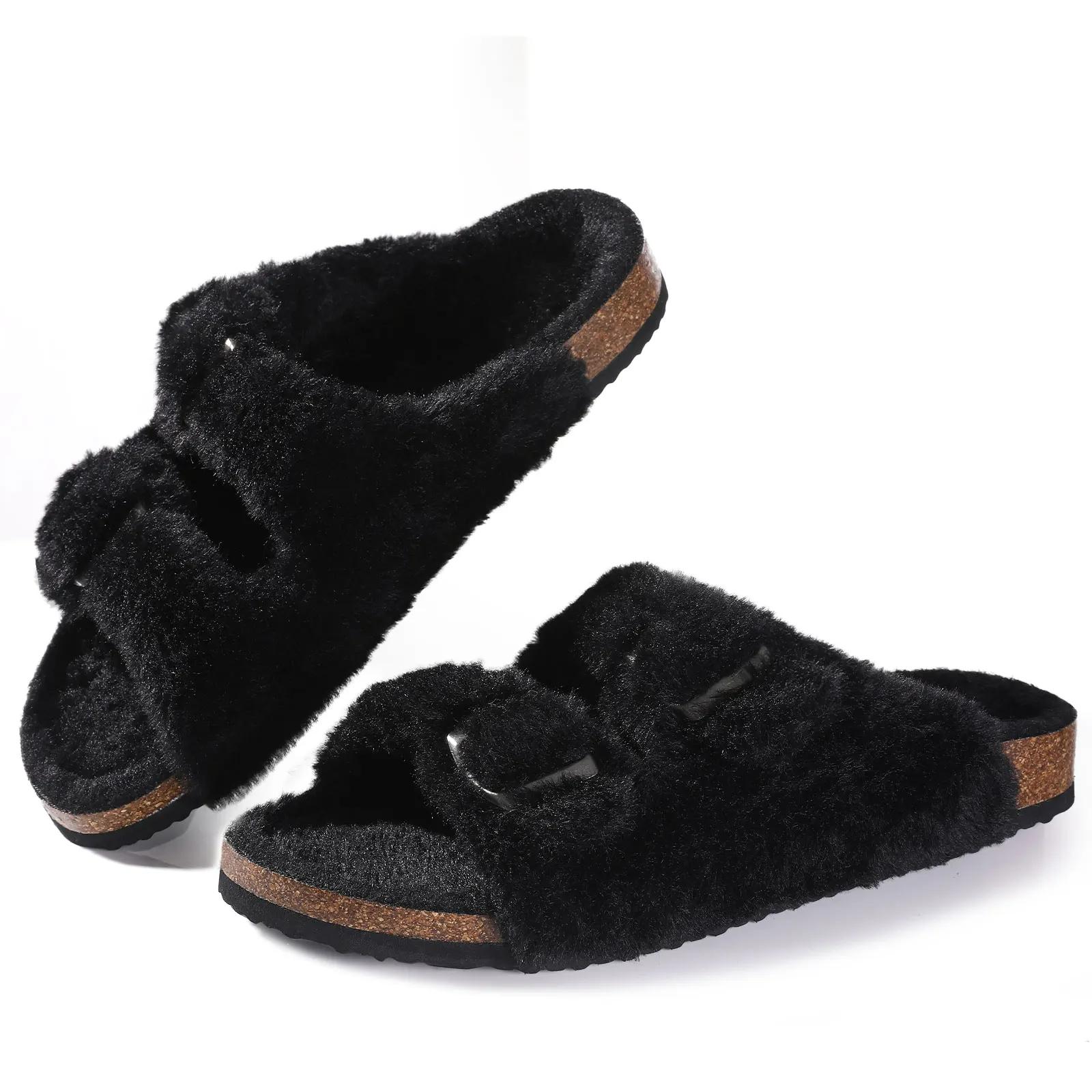 

Fashion Crestar Women Fuzzy Slippers with Cork Footbed Fluffy Slide Sandals Open Toe Indoor House Shoes Arch Support Adjustable Slippers 36(22cm) чёрный
