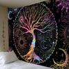 2D Rainbow Tree of Life Tapestry, Black Background Sun Moon Star Wall Hanging, Mystical Scenery Decor