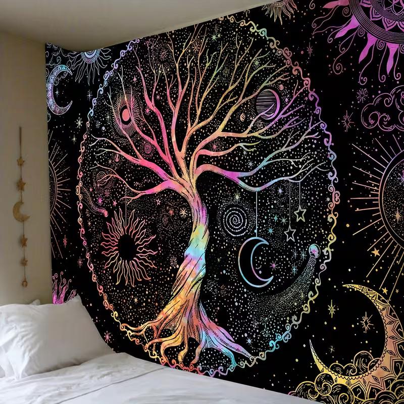 

2D Rainbow Tree of Life Tapestry, Black Background Sun Moon Star Wall Hanging, Mystical Scenery Decor 47.2x31.5inch/120*80cm