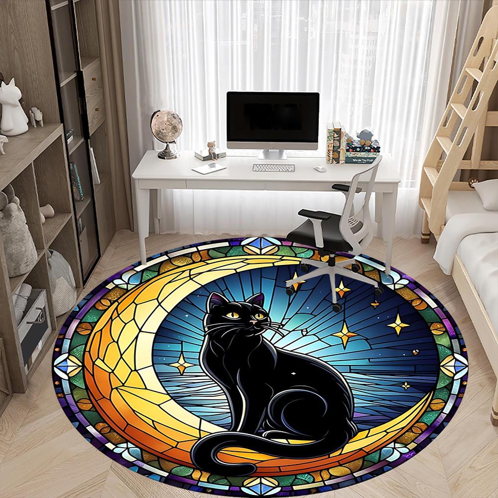 1pc Stained Glass Cat Office Round Area Rug,  Mat Suitable For Office, Under Office Chairs Bedroom Living Room Home Decor, Room Deco