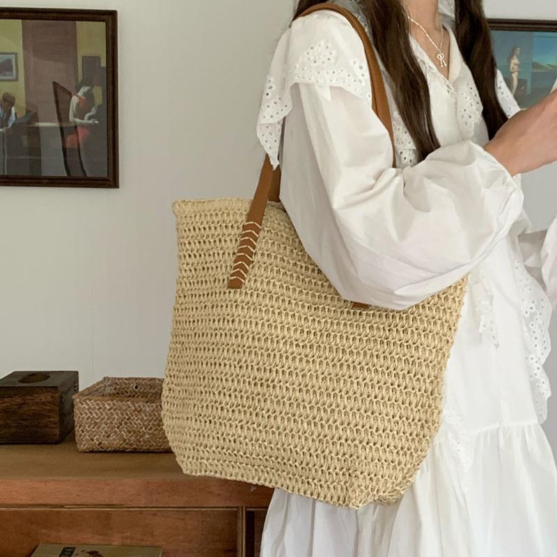 Geantă de vară țesută din paie de mare capacitate, geantă de umăr nouă pentru navetă pentru femei, geantă tote țesută pentru plajă
