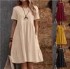 Women's Summer Casual Cotton Linen Dress Loose Solid Color Round Neck Clothing