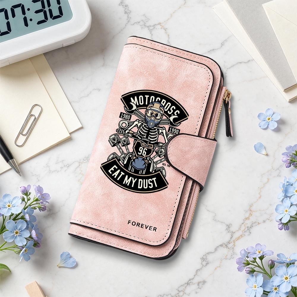 Motocross Skeleton Wallet Long Bifold Purse with Multi Card Slots Fashion Cool Leather Wallet for Motorcycle Lovers