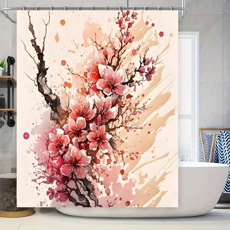 

Pink Blossom Shower Curtain Watercolor Floral Print For Bathroom Decor, Modern Design Waterproof Fabric For Bathtub Or Kitchen C W60H190(CM)-1 Pcs