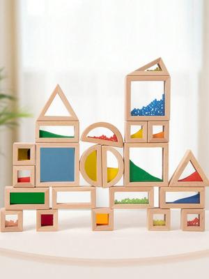 Children's Wooden Rainbow Acrylic Translucent Building Blocks for Creative Geometric Shape Assembly, Promoting Hand-eye Coordina