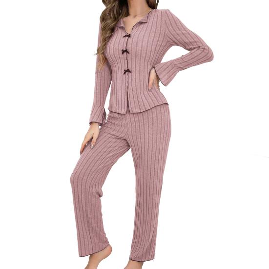 Women's 2 Piece Pajama Set Long-Sleeve Top with Bow And Long Pants Sleepwear Set Casual Fall Loungewear Pjs Set