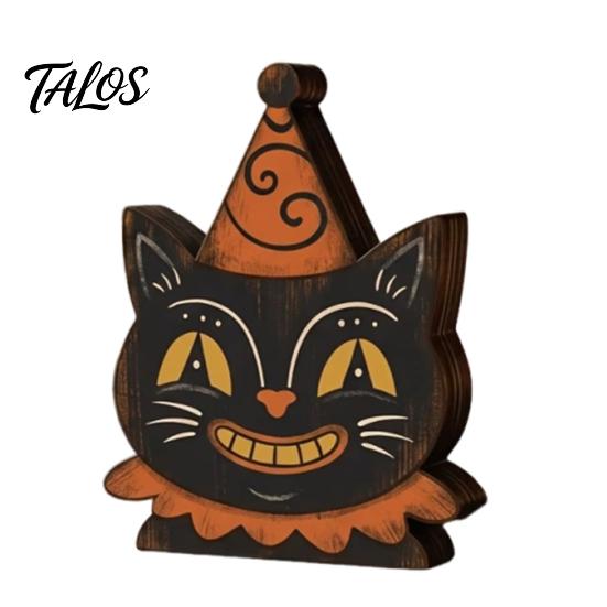 Vintage Style Wood Statues Halloween Wooden Ornaments, Cute Bat/Black Cat/Owl/Pumpkin/Ghost/Skull Decorations, Retro Rustic Pumpkin Ghost Cat