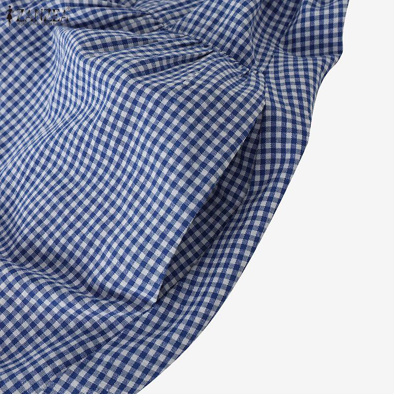 ZANZEA Women Plaid Print Casual Turn Down Collar Short Sleeve Dress