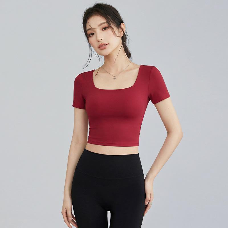 

French Style Square Neck Yoga T-Shirt with Chest Pads, Short Sleeves, and Backless Design Extra Large