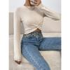 Women Slim Fit Cross Design Round Neck Long Sleeve Knit Sweater
