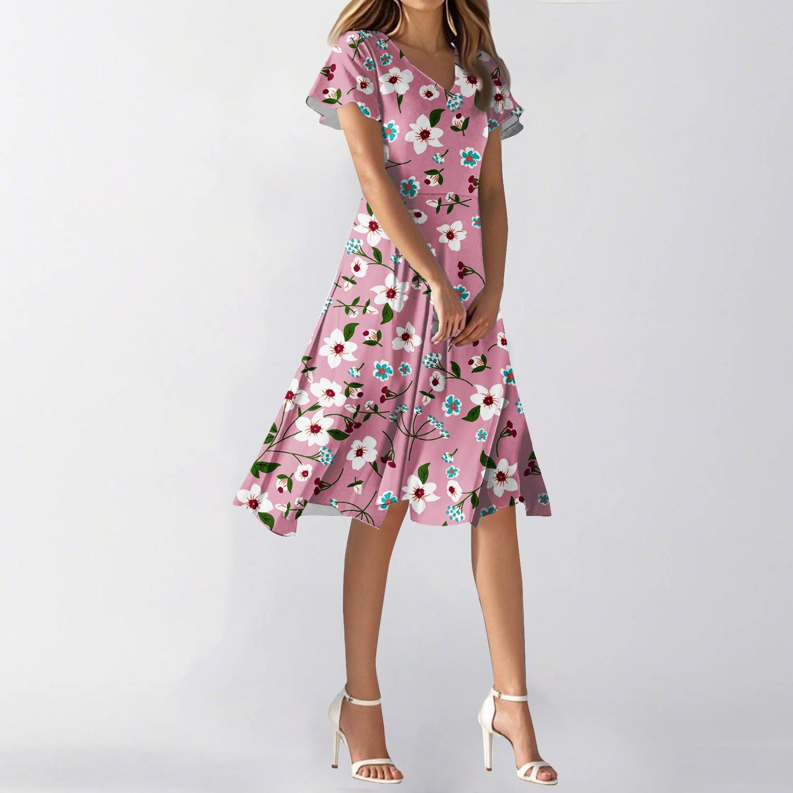 

Женское летнее повседневное модное платье с цветочным принтом и V-образным вырезом, короткая юбка с коротким рукавом XL розовый