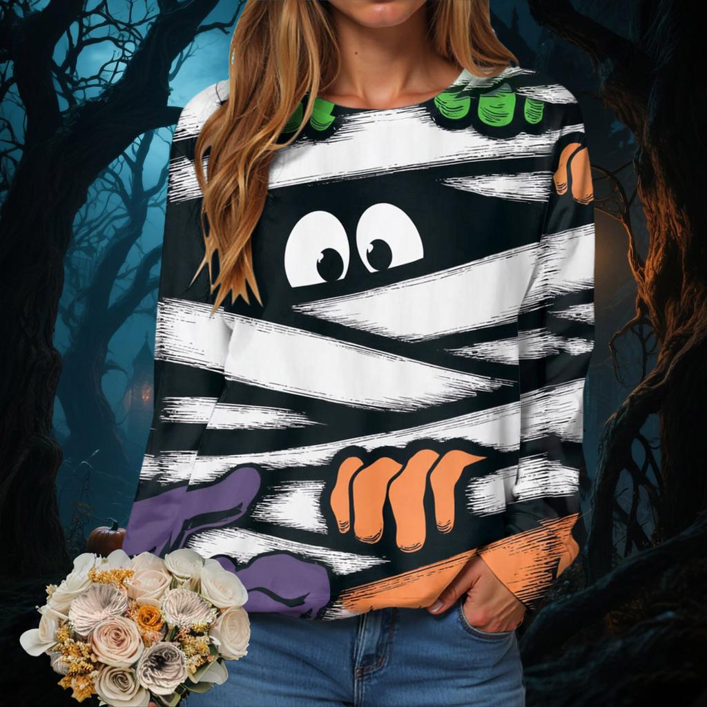 Halloween Serie 3D Digital bedrucktes Damen Harajuku Style Casual Rundhals Langarm T-Shirt