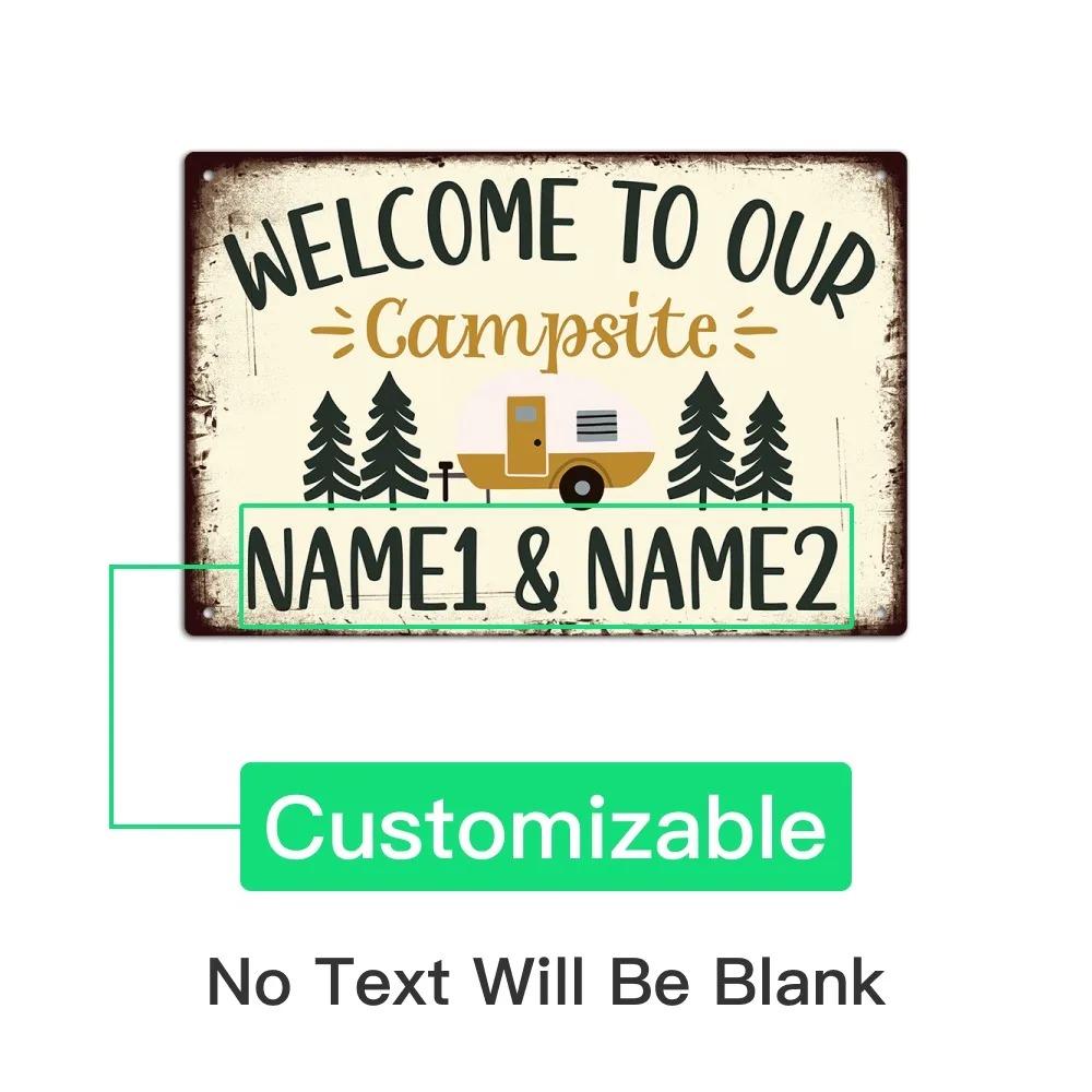 Personalized Campsite Welcome 2D Flat Metal Tin Sign Custom Text Date Available Rustic Wall Decor Gift for Wedding Anniversary