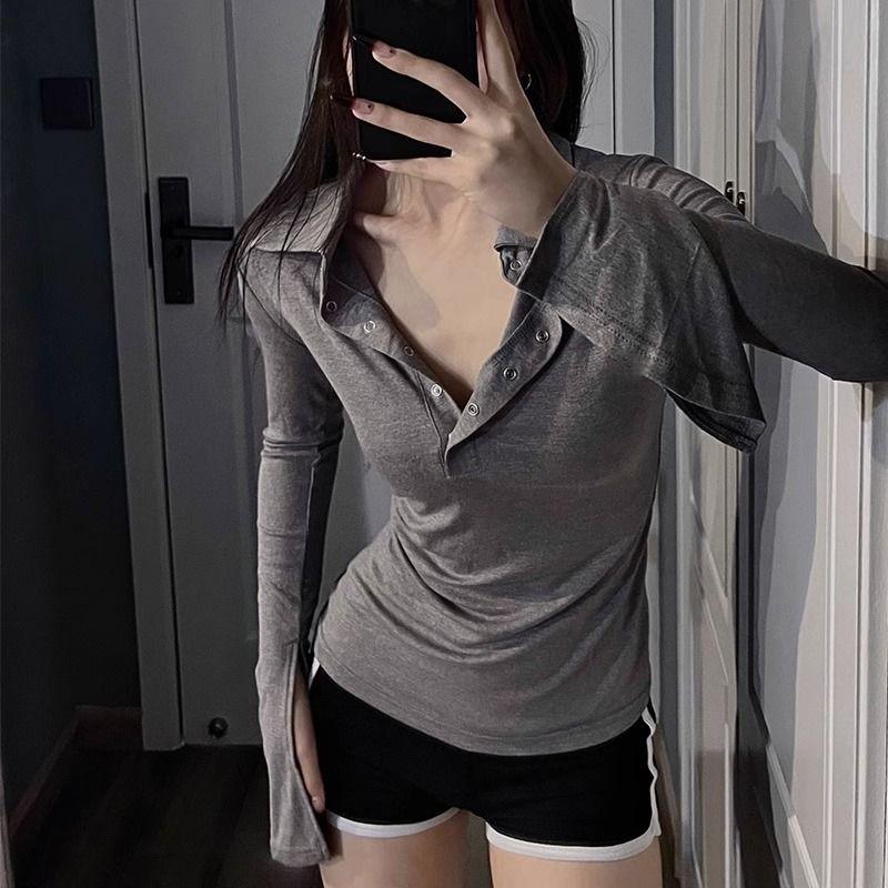 Women's T-shirts Polo Collars Long Style Solid Simple Girls Casual Tees Sexy Lady Party Club Bar Tees Fashion Women Tops