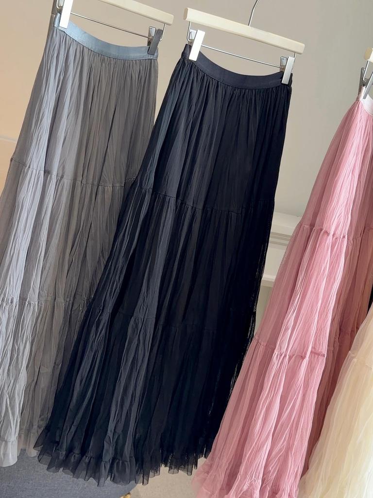 Elegant Korean Style A-line Mesh Spliced Skirt: Spring & Autumn Women's Slimming Wide Hem Design