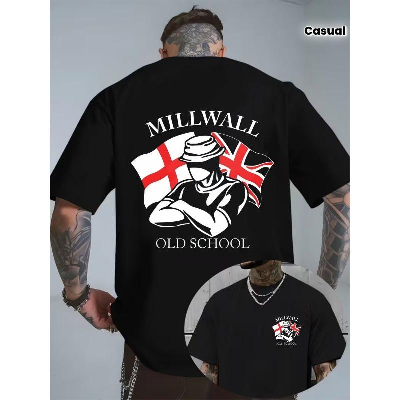 Europese maten Vintage Zwart T-shirt | Millwall Old School met Vlag en Silhouet Ontwerp | Casual Heren, Ronde Hals, Medium Rekbaar Stof