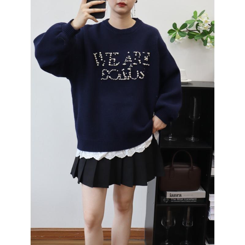Bead Letter Splicing Fake Two-piece Knitted Sweater Top Autumn and Winter New Loose Casual Sweater Pullover Women