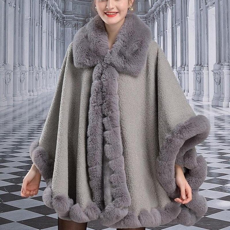 Зимняя женская накидка из искусственного кроличьего меха с воротником из зернистого — фото 7