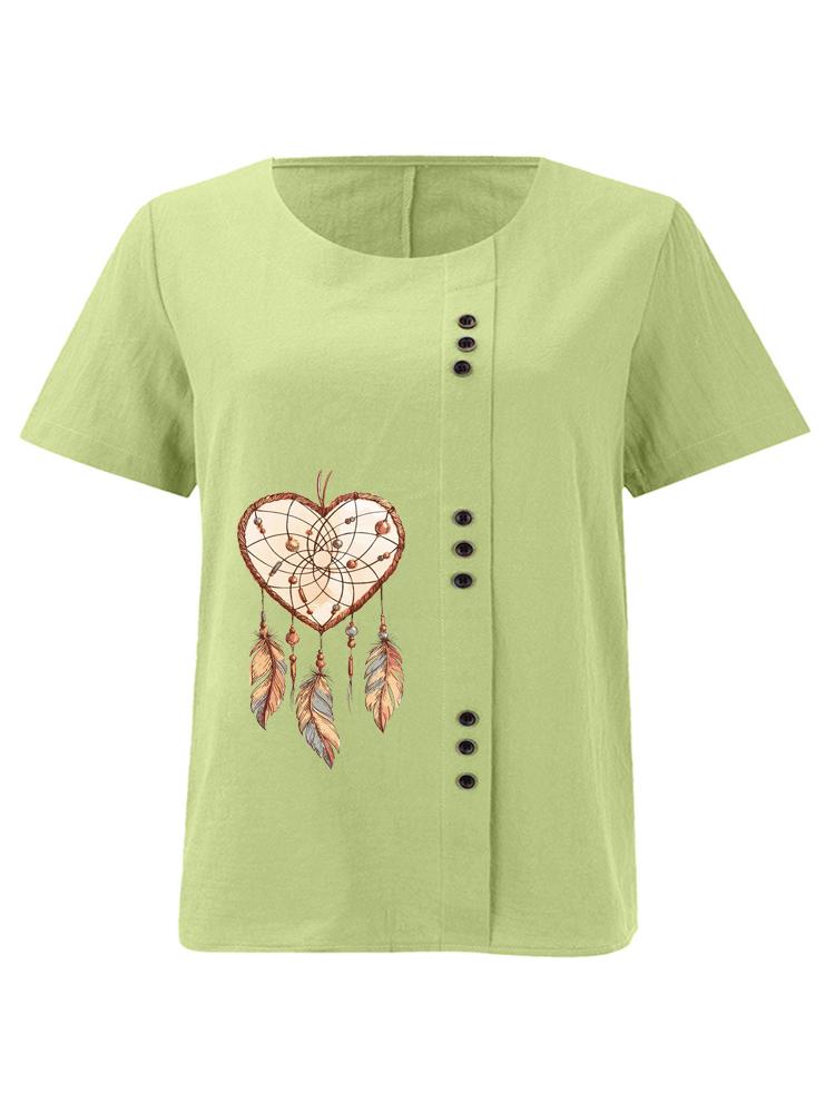

Women s Fashion Love Feather Print Shot Sleeve T-shirt Loose Cotton Shirt Casual Loose Summer Blouse Tops Plus Size 5XL зелений
