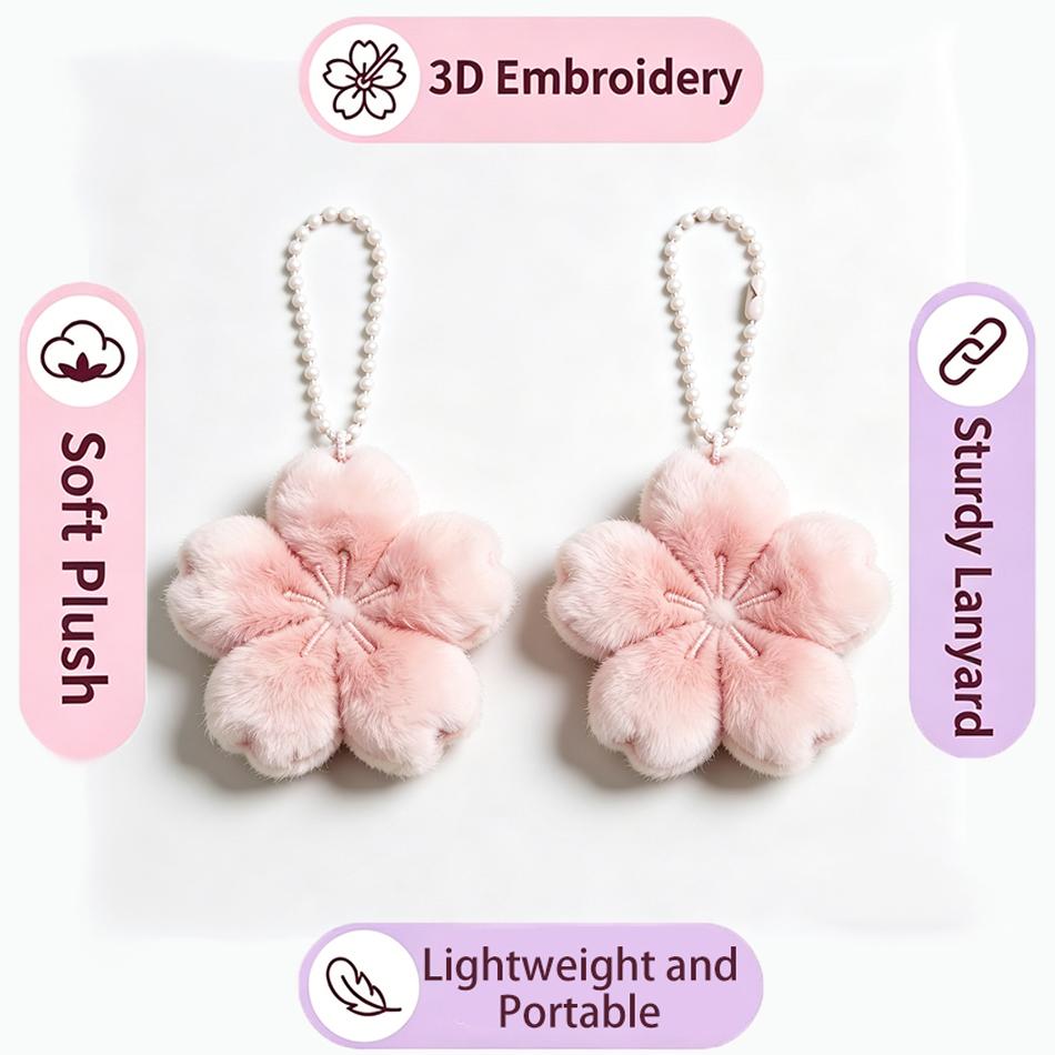 Cute Cherry Blossom Fluffy Plush Keychain, Soft Faux Fur Flower Bag Charm, Portable Key Pendant for Gift, Car Key Decor