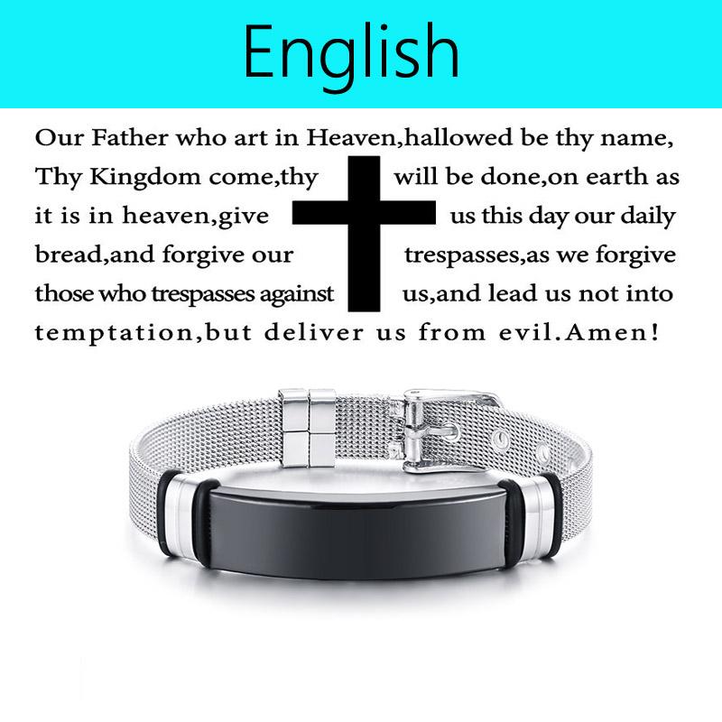 English German Korean French Bible Bracelet for Men Boys,Wateproof Stainless Steel Prayer Bracelet,Male Jewelry Gift