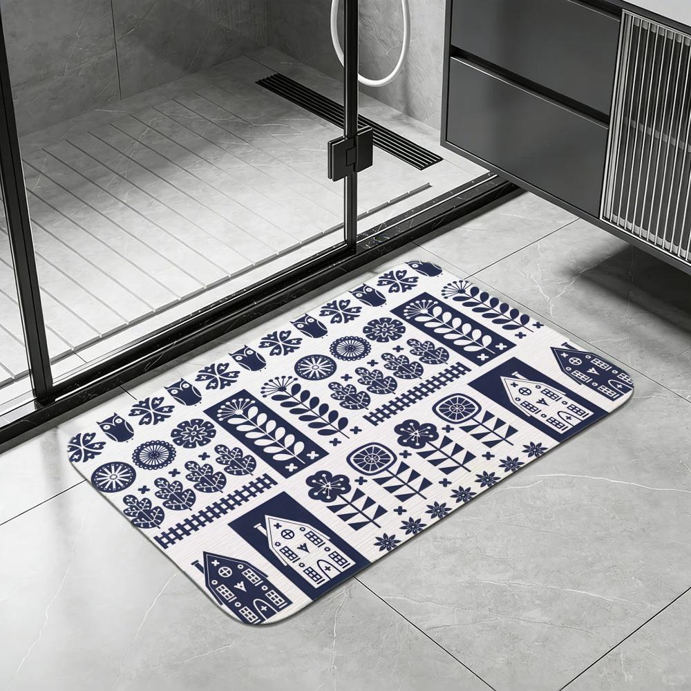 Pattern Swedish Folk Art Floor Mat Diatomite Bath Mat, Quick Dry, Absorbent, Multi-Scene Mat