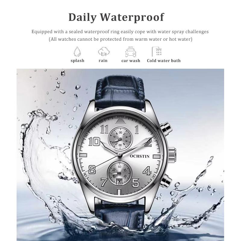 Quartz Chronograph Watch Luminous Waterproof Wrist Watch Leather Strap Date Function Pilot Style