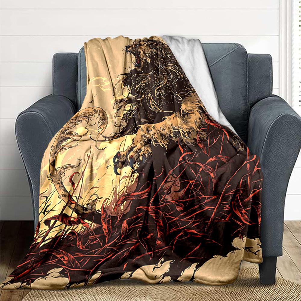 1pc Lion Wilderness Blanket, Lightweight Flannel Throw Blanket For Sofa, Bed, Travel, Camping, Living Room, Office, Couch, Chair, And Bed