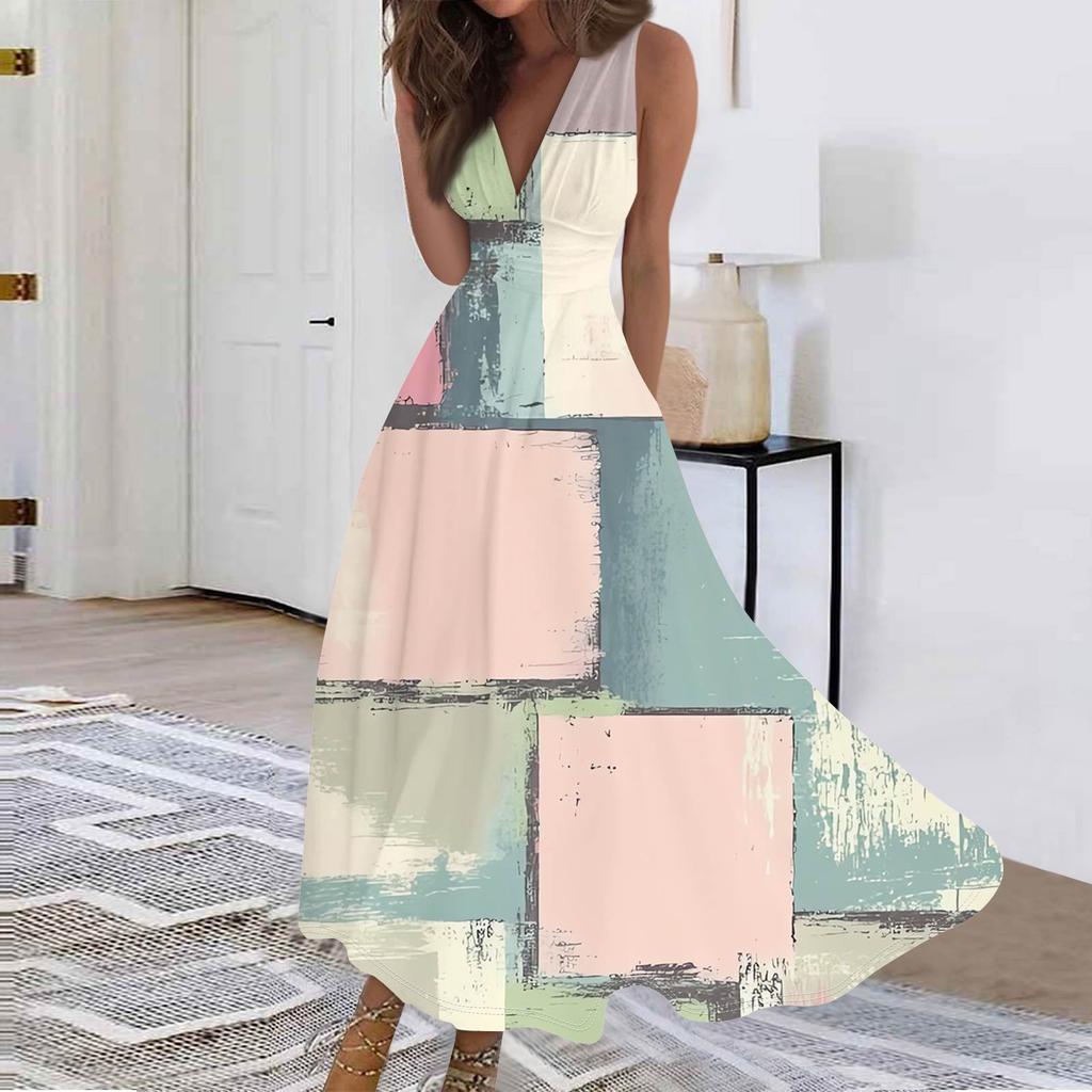 Women's Fashion Casual Loose V-Neck Sleeveless Printed Dresses