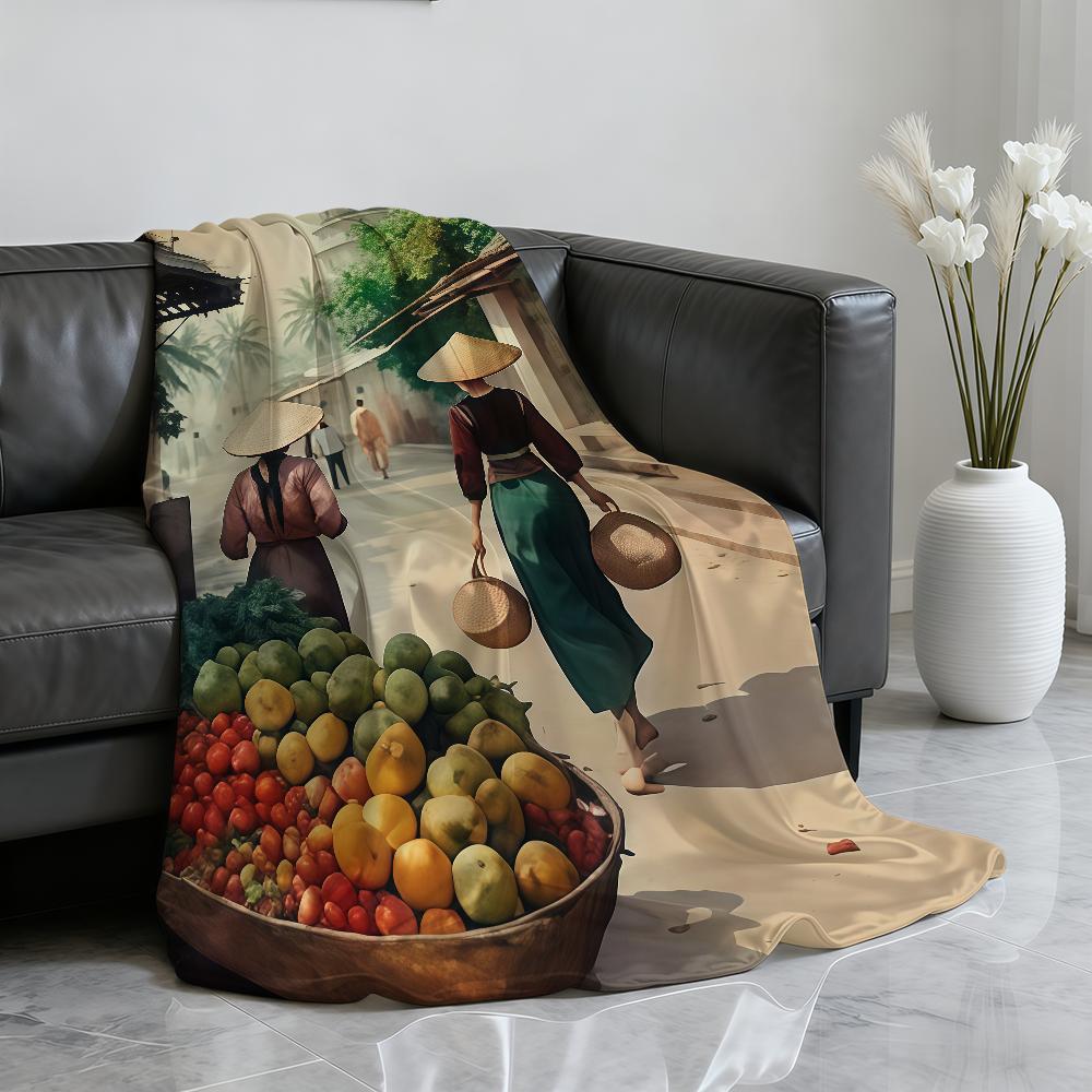 Vietnamese Village landscape illustration Blanket For Soft Throw Blanket for Picnic Bed Sofa Home Bedroom Cozy Warm Comfortable