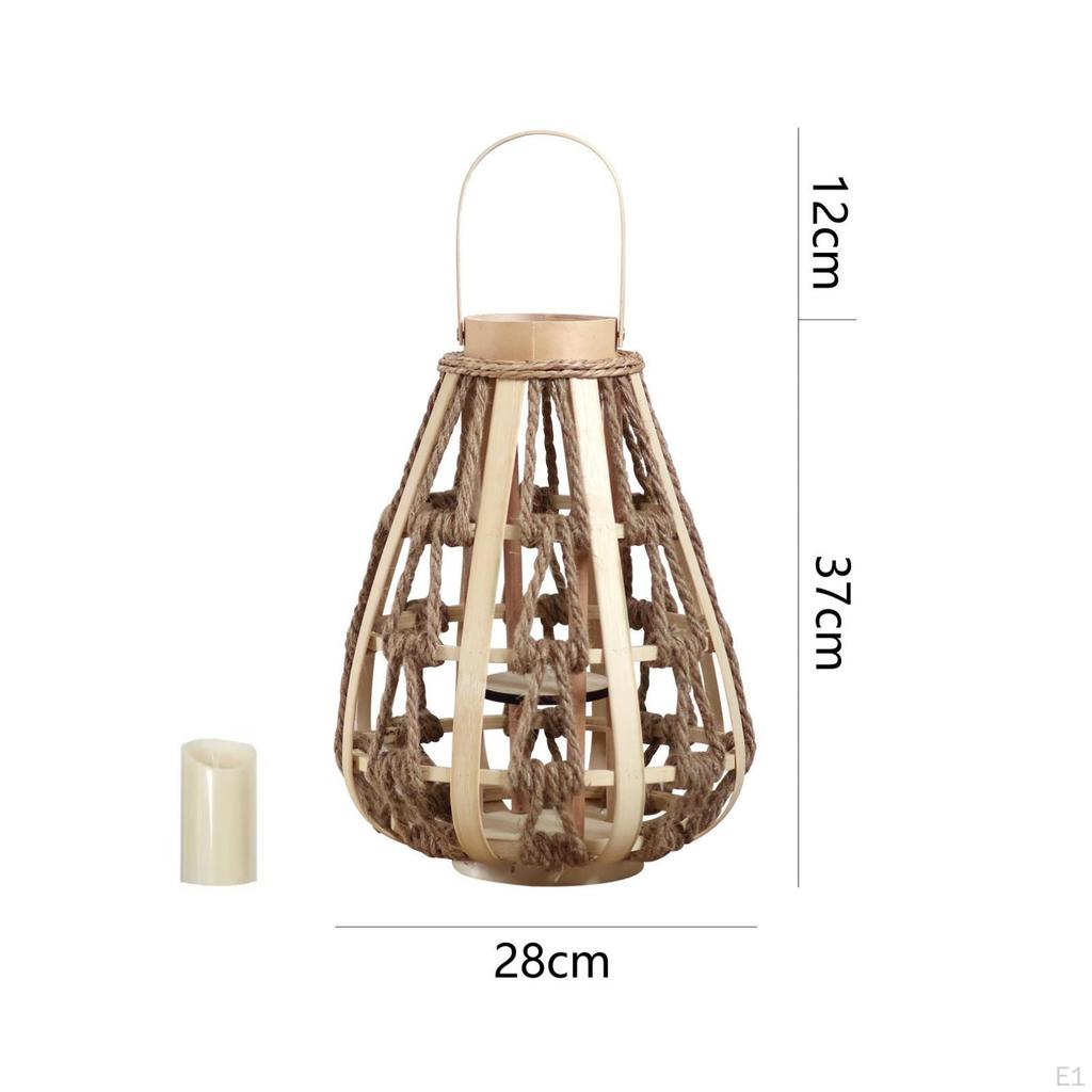 Woven Candle Holder with Electronic Teardrop Wooden Lantern for Home Decor, Tabletop,