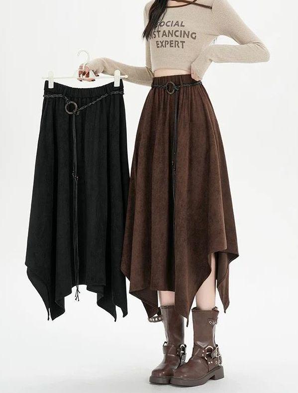 Fustă midi Maillard din piele întoarsă neregulată 2025: Fustă nouă cu talie înaltă, subțiatoare, cu tiv drapat