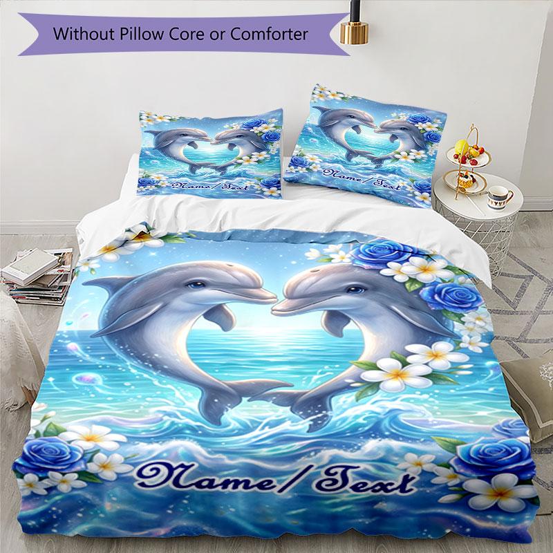 3PC Custom Name Dolphins Heart Shape Bedding Set Printed  Bedding Set Duvet Cover Closure Includes 1 Duvet Cover & 49 Pillowcases for Bedroom